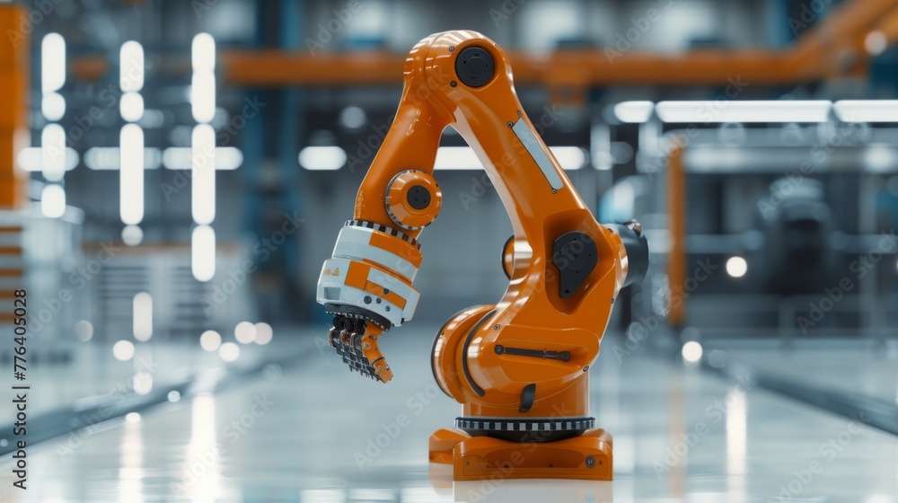 Poster automation factory industry 4.o concept with one robotic arm on light background with empty space
