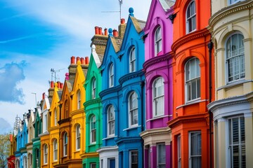 A picturesque row of brightly colored townhouses under a clear blue sky