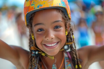 A young girl wearing a helmet looks joyful with outstretched arms and a colorful, festive background