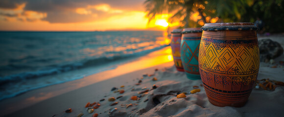 Caribbean Musical Instruments Vibrant Colors on the beach - obrazy, fototapety, plakaty