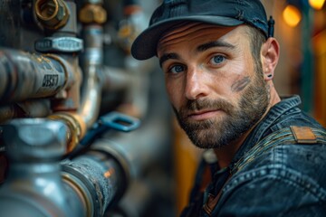 Fototapeta premium A rugged male technician carefully inspecting and repairing complex pipe machinery