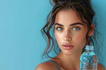 Serene young lady with captivating blue eyes holding a water bottle against a blue background - obrazy, fototapety, plakaty