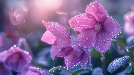 Beautiful bright lilac bell flower in drops of morning dew. Close-up water drops. Generative Ai - obrazy, fototapety, plakaty