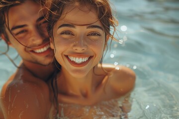 An affectionate young couple embracing in water, smiling with joy in sunlight - obrazy, fototapety, plakaty