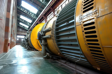 Industrial power Industrial power generation turbines in a large power plant hall