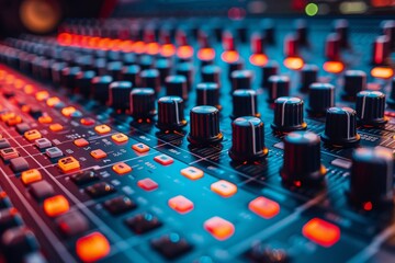 An intricate look at a professional sound mixing console illuminated with vibrant lightings in a...