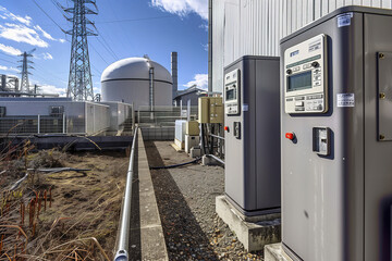 Industrial power equipment and control units at a substation on a sunny day
