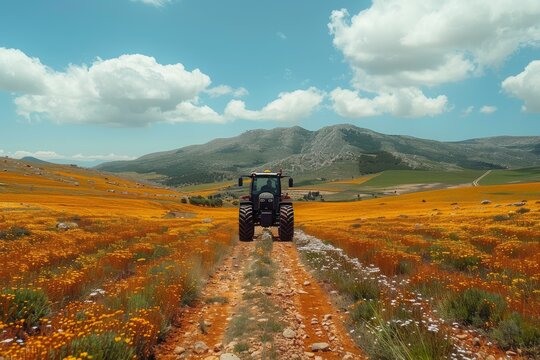 A scenic image of a tractor making its way in a blooming field with vivid orange flowers under a blue sky