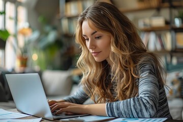 A confident woman works intently on a laptop, surrounded by home comforts
