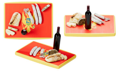 Montenegrin Culinary Delights on Flag-Inspired Presentation Board with Wine