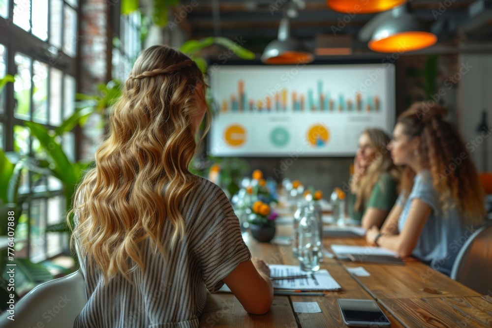 Aufkleber a woman in a modern office attentively views a presentation on a screen, signifying focus and learni