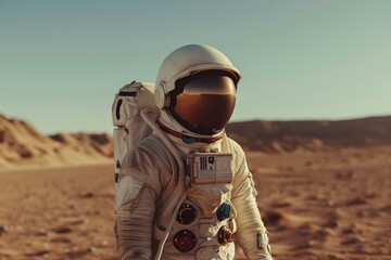  Spaceman in helmet and space suit exploring Mars or a desertic distant planet. Generative AI.