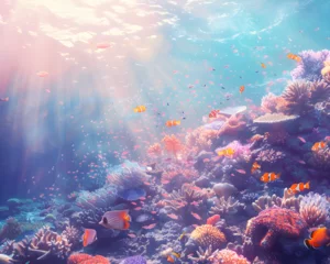 Keuken foto achterwand A colorful coral reef with many fish swimming around. The sunlight is shining on the water, creating a beautiful and peaceful scene © tracy