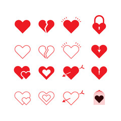 Heart red icons, sign of love, isolated on white background vector collection