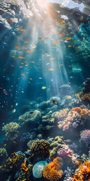 A beautiful underwater scene with a variety of colorful fish swimming in the water. The sunlight is shining through the water, creating a serene and peaceful atmosphere