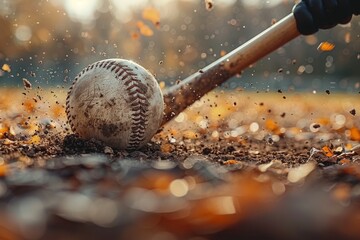 An action-packed close-up of a baseball and bat on the infield dirt, capturing the dynamic moment of play with particles of dust in motion - obrazy, fototapety, plakaty