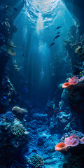 A blue ocean with a coral reef and a few fish swimming in it. The fish are scattered throughout the water, with some closer to the surface and others deeper down. The coral reef is a vibrant - obrazy, fototapety, plakaty