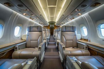 Luxurious private jet interior with spacious leather seating