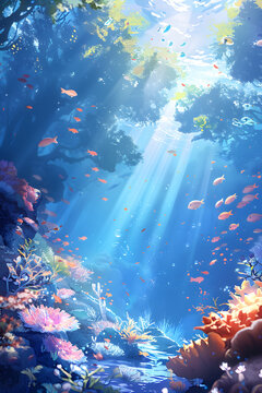 A beautiful underwater scene with a lot of fish and coral. The fish are swimming in the water and the coral is colorful