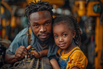 A father and daughter bonding over machinery work in what seems to be a mechanical workshop - obrazy, fototapety, plakaty