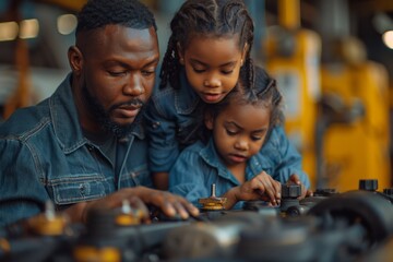 A man guides his two young daughters in tool use while working on machine parts in a workshop
