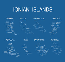 Naklejka premium Ionian islands set vector silhouette illustration isolated. Corfu map Paxos, Antipaxos, Lefkada map, Kefalonia card, Ithaki contour, Zakynthos line map, Kythira shape. Greek territory, paradise Greece