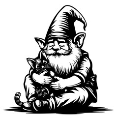 Garden Gnome and Cat Black Line Art Illustration