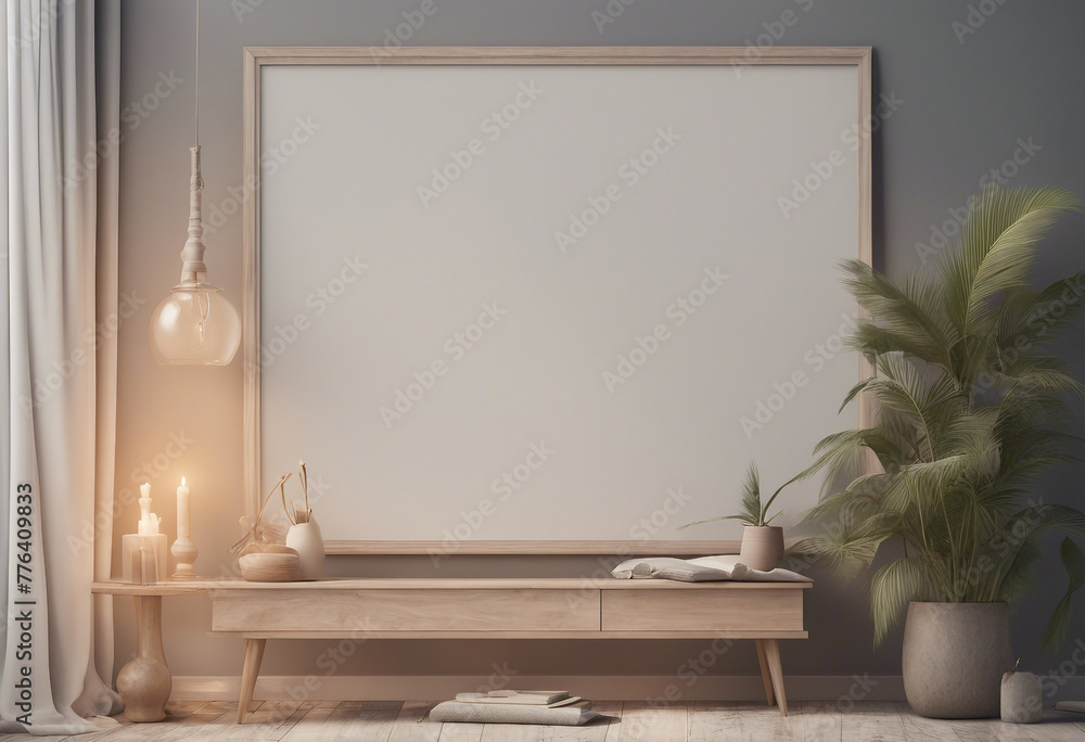 Poster mock up frame close up in home interior background boho style 3d render
