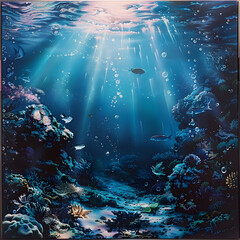 A painting of a coral reef with a bright blue sky above it. The painting is full of life and color, with many different types of fish swimming around in the water. The mood of the painting is peaceful