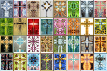 32 kaleidoscope crosses showing detail of nature and objects, arranged for jigsaw puzzle
