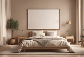 Mock up frame in bedroom interior background beige room with natural wooden furniture 3d render