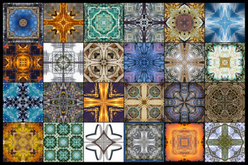 24 Kaleidoscope squares showing detail of nature and objects, arranged for jigsaw puzzle