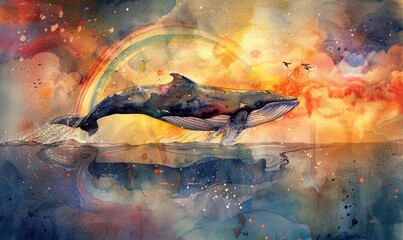 A watercolor artwork portraying a surreal scene of a whale leaping over a rainbow in a dreamlike setting