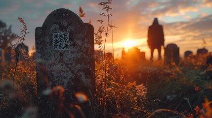 A granite tombstone adorned with a QR code sticker at its heart. A blend of tradition and the digital age displays a cascade of vibrant memories and stories of the deceased, unlocked by the QR code. - obrazy, fototapety, plakaty