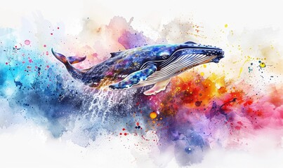 A watercolor illustration of a breaching whale surrounded by splashes of vibrant color - obrazy, fototapety, plakaty