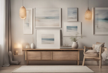 Mock up frame in cozy home interior background coastal style living room 3d render