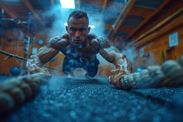 Intense fitness scene of a tattooed man doing push-ups with steam around, adding a dramatic effect