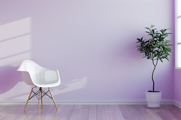 A white chair sits in front of a wall with a purple color. The chair is empty and the room is very...