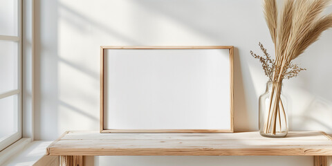 A blank wooden framed painting sits on a table next to a vase with dry grass.
