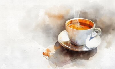 A watercolor painting of a steaming cup of espresso on a white background