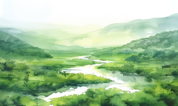 A watercolor painting depicting a lush green valley with a meandering river
