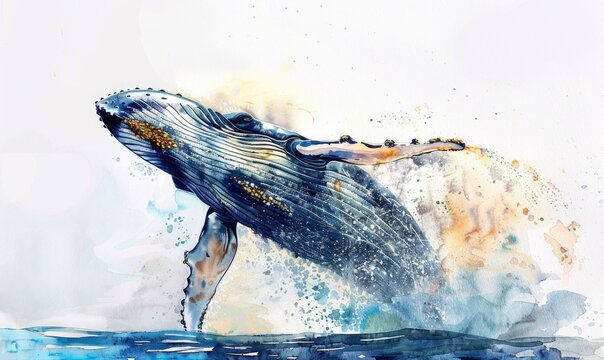 A watercolor painting of a majestic humpback whale breaching out of the ocean
