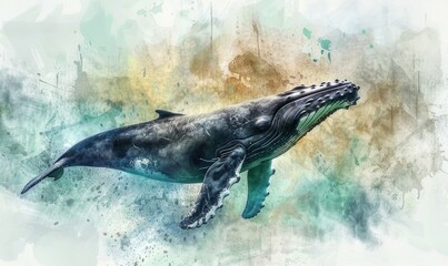 Watercolor illustration of a humpback whale in the ocean