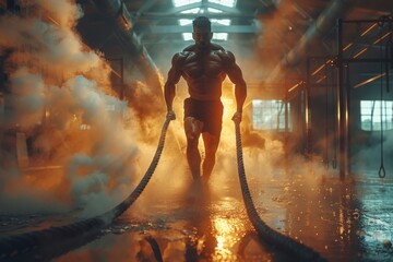 An intense workout scene showing a well-built man exercising with heavy battle ropes in a gritty,...