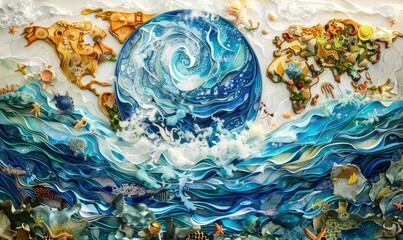 Earth globe in ocean waves, ecology and environment