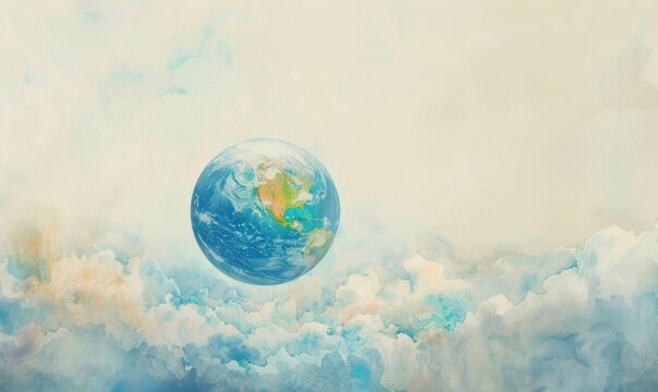Vibrant watercolor painting of an Earth globe floating in a dreamy sky