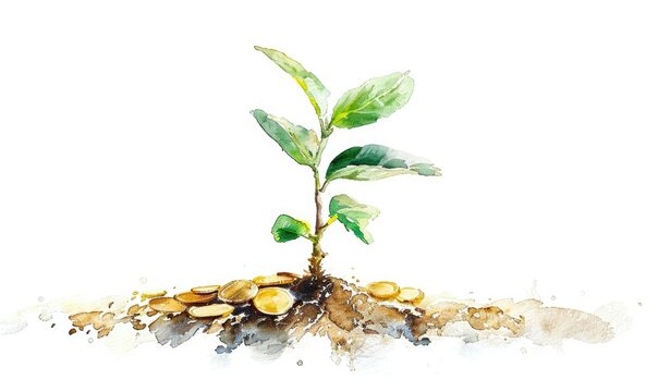 Watercolor illustration of a tree sprout with coins around it