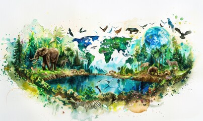 Watercolor illustration of Earth with wildlife and forests