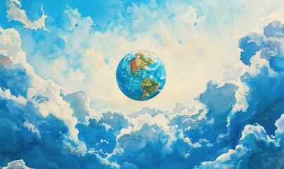 Obraz na płótnie Canvas Watercolor painting of a small Earth globe floating amidst clouds in a blue sky
