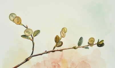 Watercolor illustration of money coins attached to a budding tree sprout